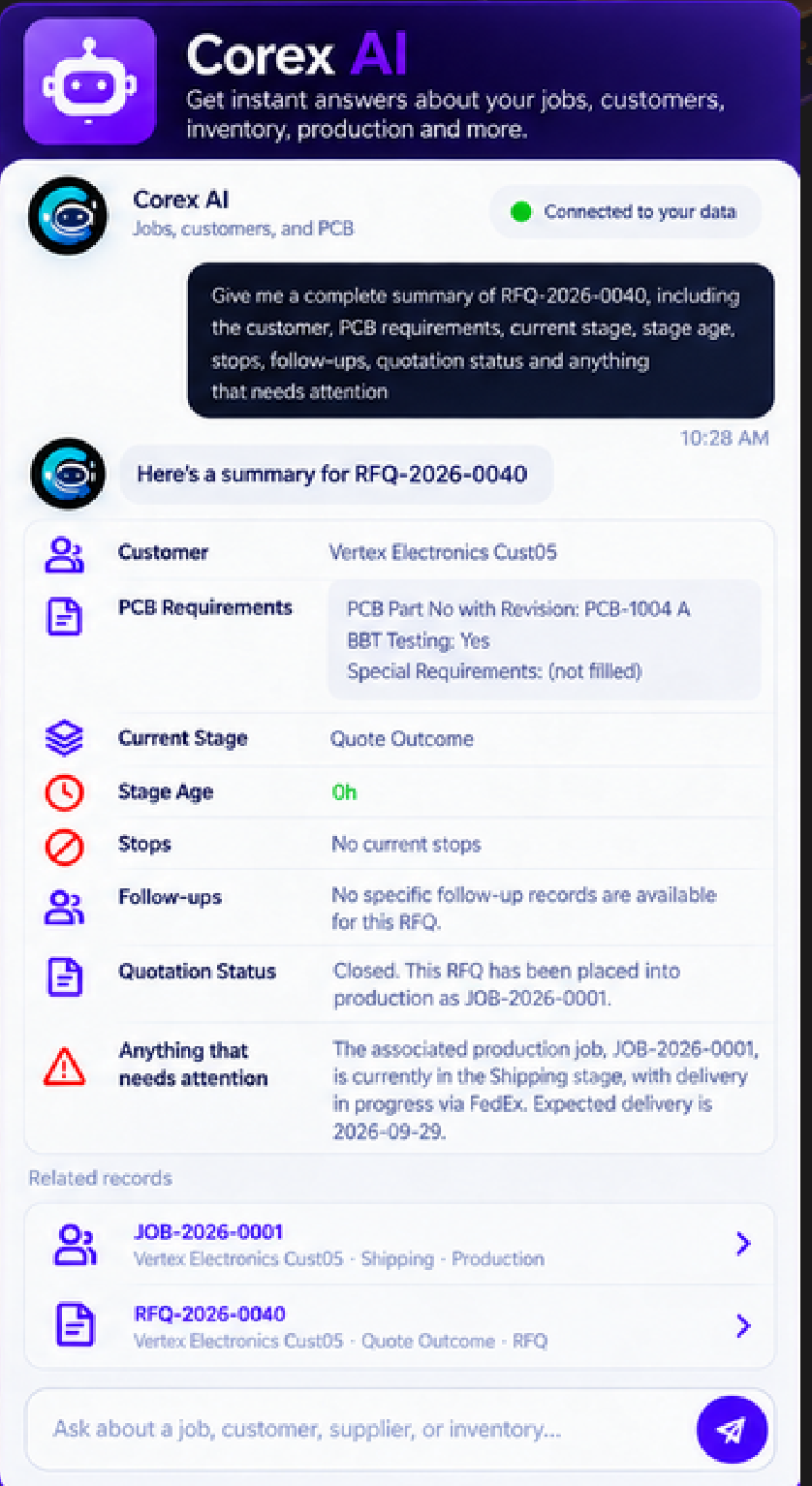 Corex AI answering a question about an RFQ with a full summary