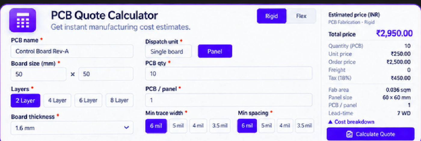 PCB Quote Calculator showing board size, layers, quantity and estimated price